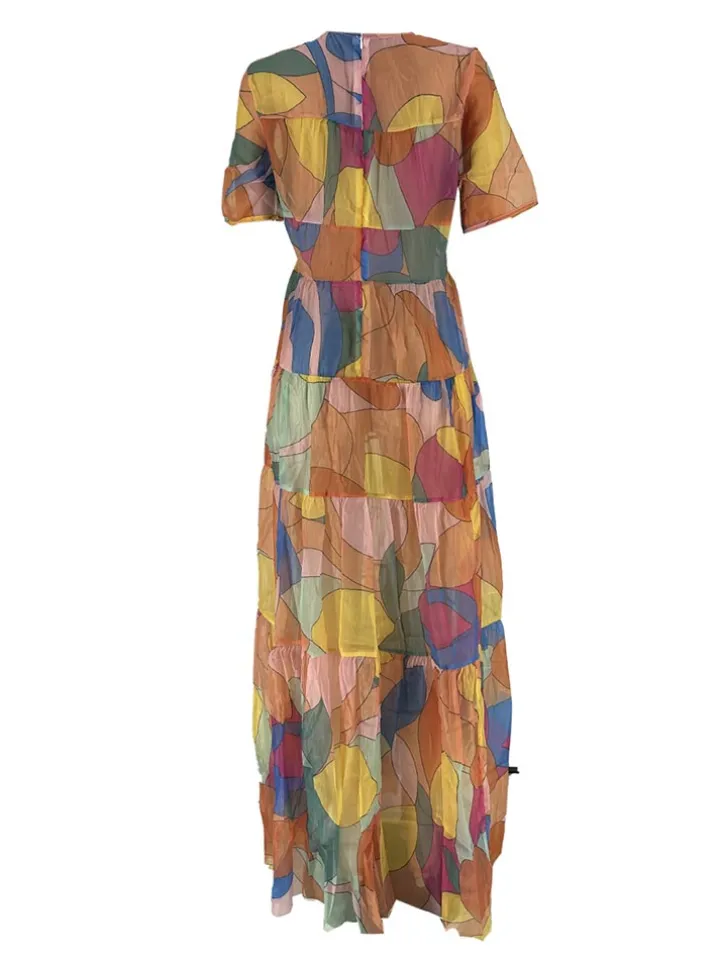 Mesh Short Sleeve Print Flowy Maxi Dress