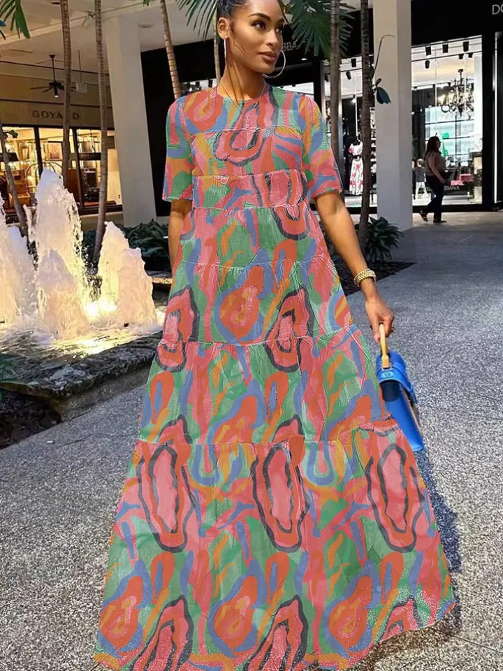 Mesh Short Sleeve Print Flowy Maxi Dress