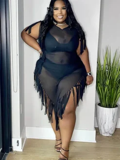 Mesh Sleeveless Tassel Irregular Mini Dress