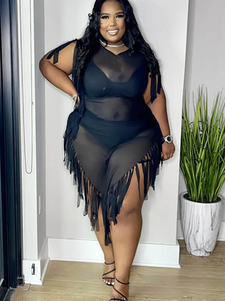 Mesh Sleeveless Tassel Irregular Mini Dress