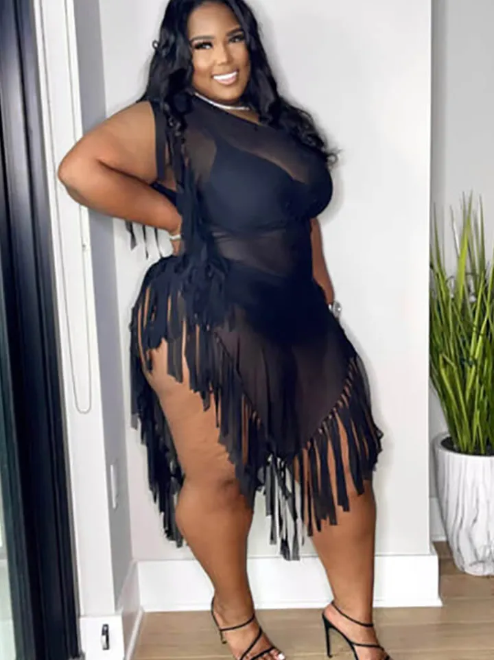 Mesh Sleeveless Tassel Irregular Mini Dress
