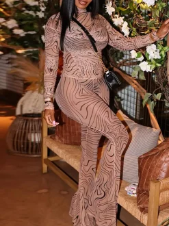 Mesh Turtleneck Crop Top Flared Pant Sets