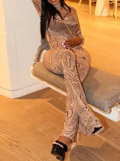 Mesh Turtleneck Crop Top Flared Pant Sets