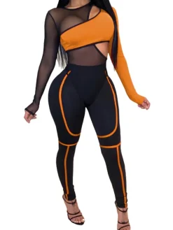 Mesh Two Piece Long Sleeve Bodysuit Long Pants
