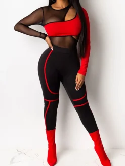Mesh Two Piece Long Sleeve Bodysuit Long Pants