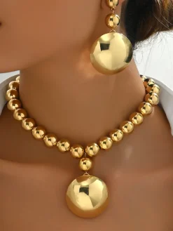 Metal Beaded Necklace Earrings Jewelry Set