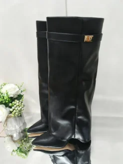 Metal Buckle Pointed Toe Knee High Boots