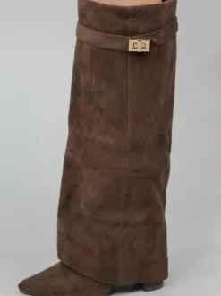 Metal Buckle Pointed Toe Knee High Boots