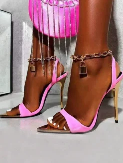 Metallic Chain Pointed Toe Stiletto Sandal