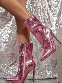 Metallic Pointed Toe Stiletto Ankle Boots