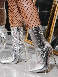 Metallic Pointed Toe Stiletto Ankle Boots