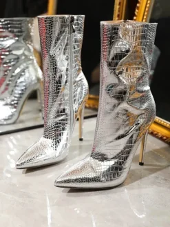 Metallic Pointed Toe Stiletto Ankle Boots