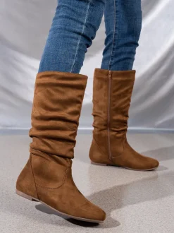 Mid-Calf Side Zipper Ruched Flat Boots