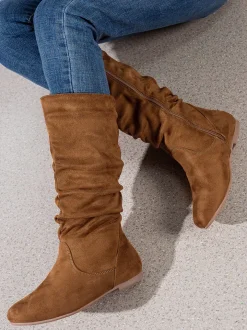 Mid-Calf Side Zipper Ruched Flat Boots