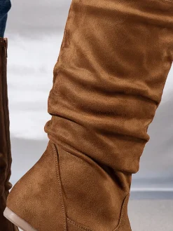 Mid-Calf Side Zipper Ruched Flat Boots