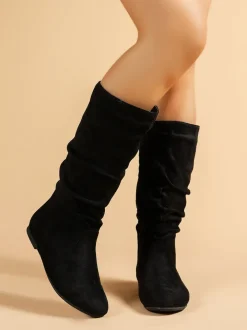 Mid-Calf Side Zipper Ruched Flat Boots