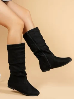 Mid-Calf Side Zipper Ruched Flat Boots