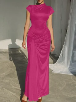 Mock Neck Bandage Ruched Maxi Dress