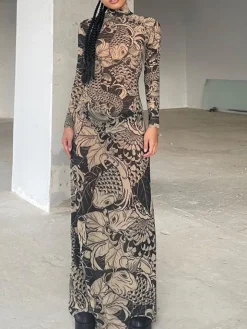 Mock Neck Mesh Print Maxi Dress