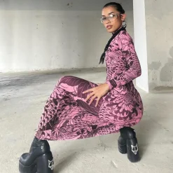 Mock Neck Mesh Print Maxi Dress