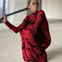 Mock Neck Mesh Print Maxi Dress