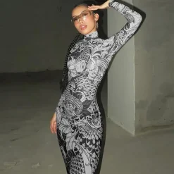 Mock Neck Mesh Print Maxi Dress