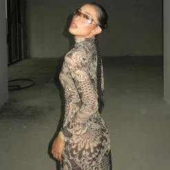 Mock Neck Mesh Print Maxi Dress