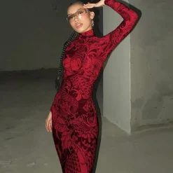 Mock Neck Mesh Print Maxi Dress