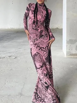 Mock Neck Mesh Print Maxi Dress