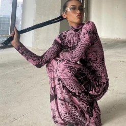 Mock Neck Mesh Print Maxi Dress