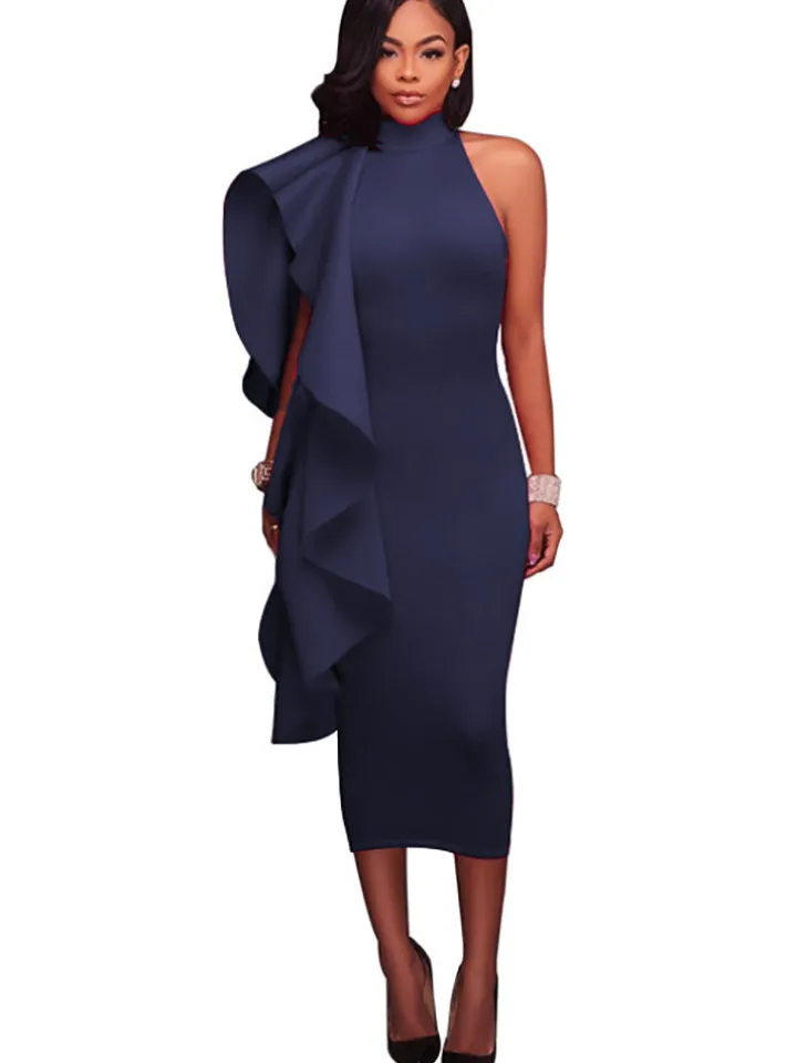 Mock Neck Sleeveless Ruffle Midi Dress