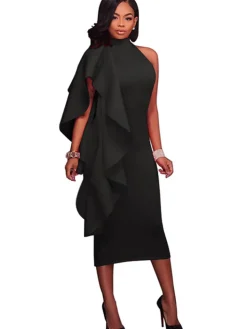 Mock Neck Sleeveless Ruffle Midi Dress