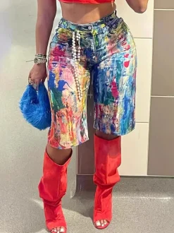 Multicolor Artistic Pocket Denim Shorts