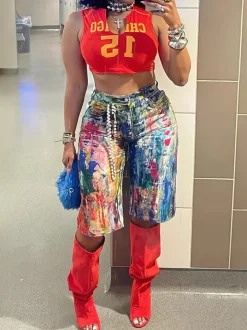 Multicolor Artistic Pocket Denim Shorts