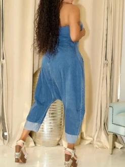 Multiple Pockets Denim Utility Jumpsuit