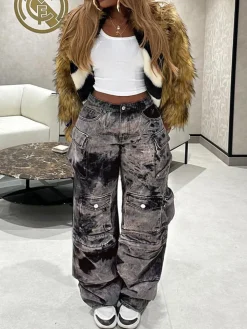 Multiple Pockets Washed Denim Cargo Jeans