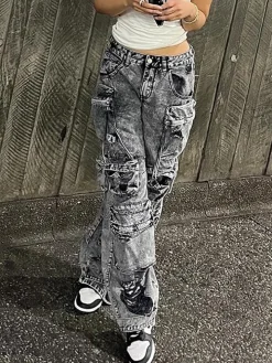 Multiple Pockets Washed Denim Cargo Jeans