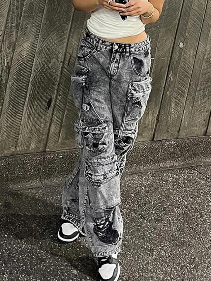 Multiple Pockets Washed Denim Cargo Jeans