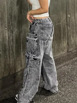 Multiple Pockets Washed Denim Cargo Jeans