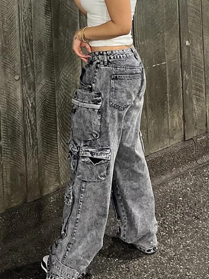 Multiple Pockets Washed Denim Cargo Jeans
