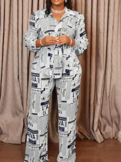 Newspaper Print Blazer Belted Pants Set