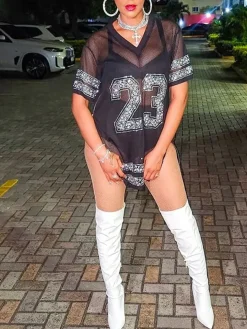 Number Graphic Rhinestone Mesh T-Shirt Dress