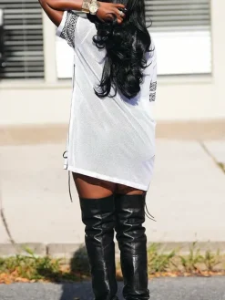 Number Graphic Rhinestone Mesh T-Shirt Dress