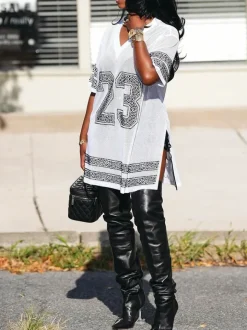 Number Graphic Rhinestone Mesh T-Shirt Dress