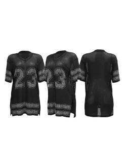 Number Graphic Rhinestone Mesh T-Shirt Dress