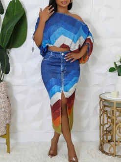 Off Shoulder Colorful Skirt Set