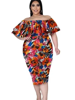 Off Shoulder Floral Print Bodycon Midi Dress