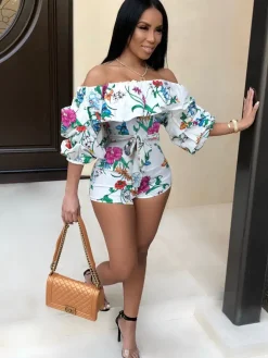 Off Shoulder Floral Print Belted Romper