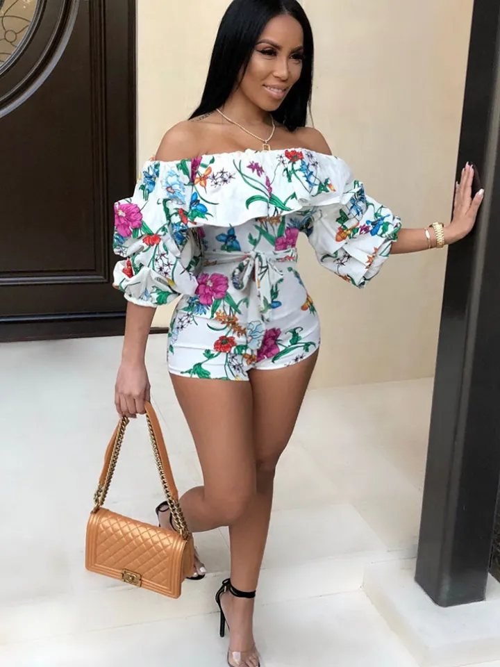 Off Shoulder Floral Print Belted Romper
