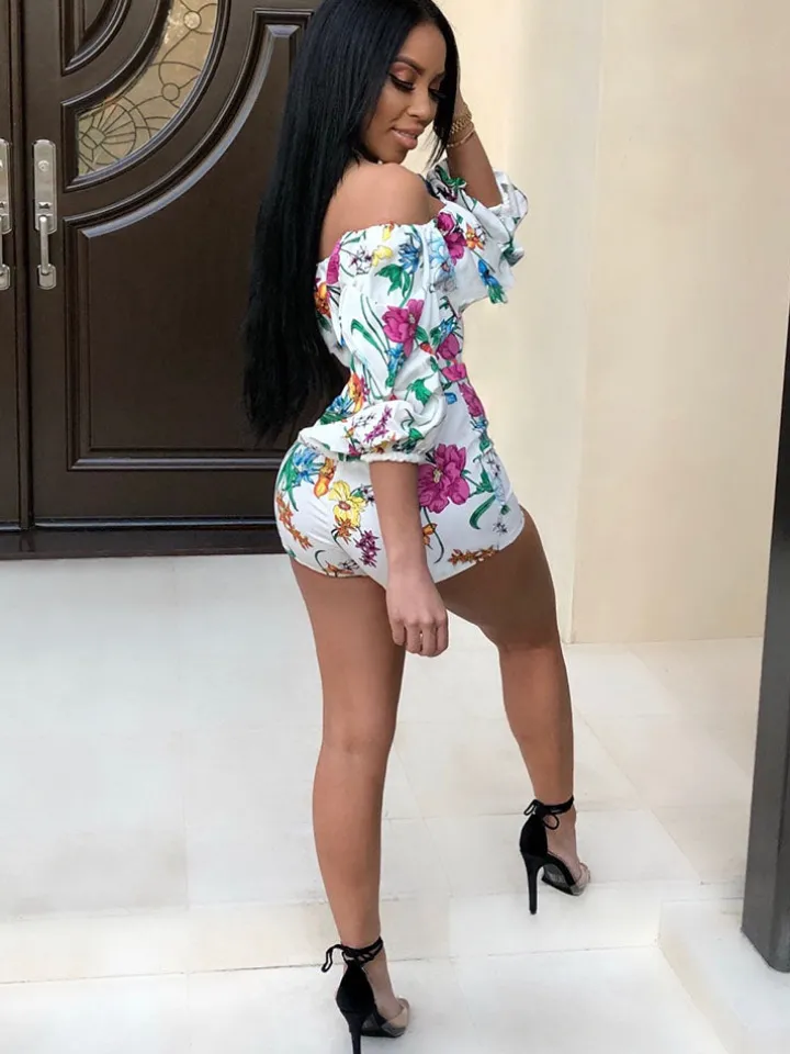 Off Shoulder Floral Print Belted Romper